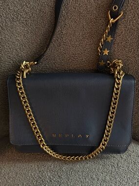 Replay Black Leather Crossbody with Gold Chain and Star-Accent Strap